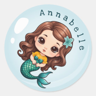 Cute Brunette Mermaid in a Bubble Personalise Classic Round Sticker