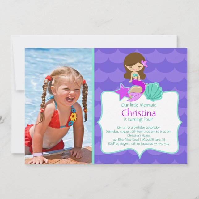 Cute Brunette Mermaid Photo Birthday Invitation (Front)