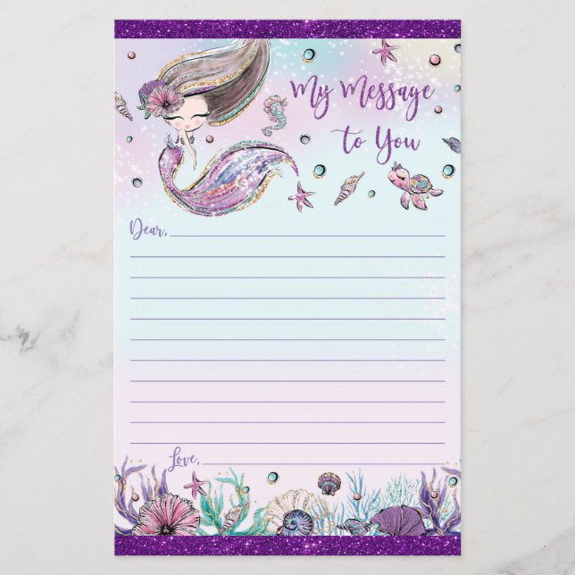 Cute Brunette Mermaid Time Capsule Message Sheet  (Front)