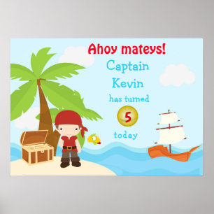 Cute Brunette Pirate Boy Birthday Party Poster