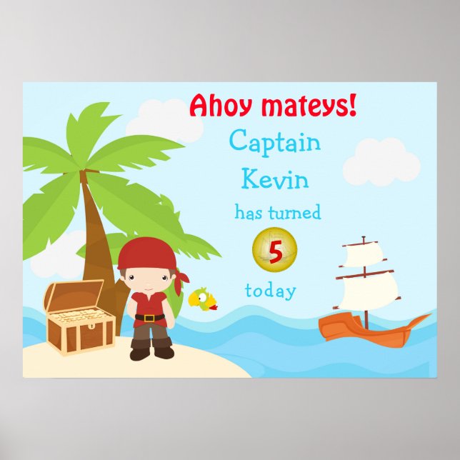 Cute Brunette Pirate Boy Birthday Party Poster (Front)