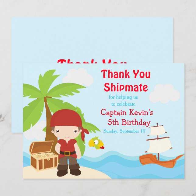 Cute Brunette Pirate Boy Birthday Party Thank You Card (Front/Back)