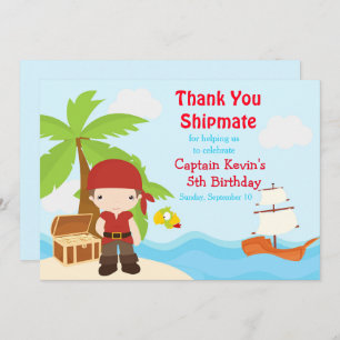 Cute Brunette Pirate Boy Birthday Party Thank You Card