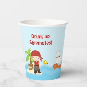 Cute Brunette Pirate Boy in Red Birthday Paper Cups