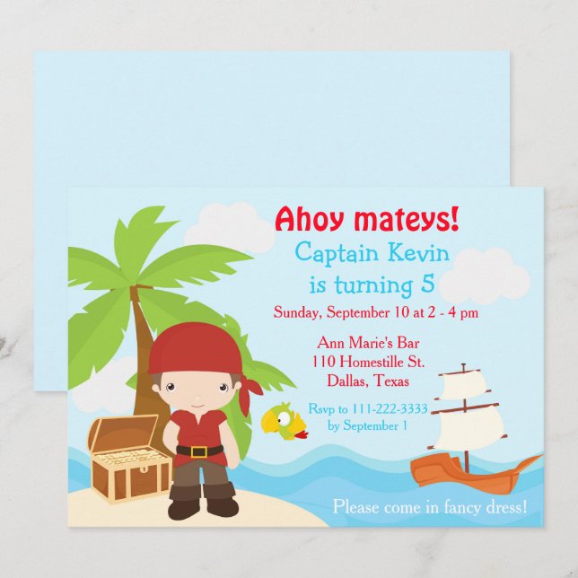 Cute Brunette Pirate Eye Patch Boy Birthday Party Invitation (Front/Back)