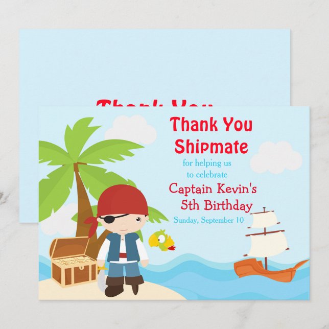 Cute Brunette Pirate Eye Patch Boy Birthday Party Thank You Card (Front/Back)