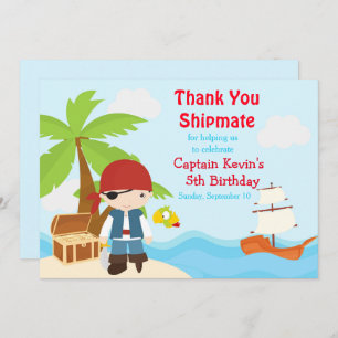 Cute Brunette Pirate Eye Patch Boy Birthday Party Thank You Card
