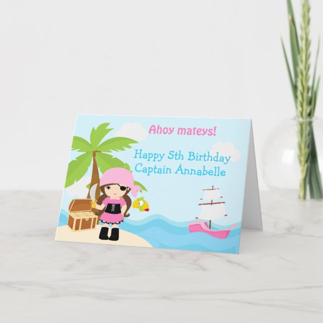 Cute Brunette Pirate Girl Birthday Party Card (Front)