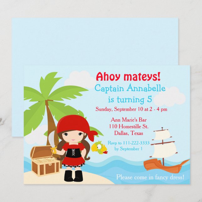 Cute Brunette Pirate Girl Birthday Party Invitation (Front/Back)