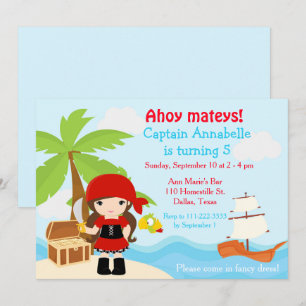 Cute Brunette Pirate Girl Birthday Party Invitation