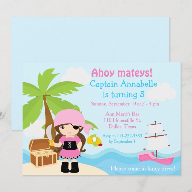 Cute Brunette Pirate Girl Birthday Party Invitation (Front/Back)