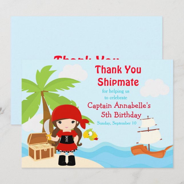 Cute Brunette Pirate Girl Birthday Party Thank You Card (Front/Back)