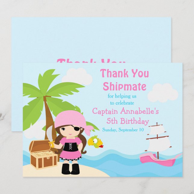 Cute Brunette Pirate Girl Birthday Party Thank You Card (Front/Back)
