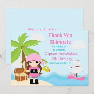 Cute Brunette Pirate Girl Birthday Party Thank You Card