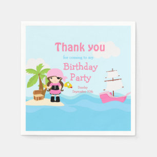 Cute Brunette Pirate Girl in Pink Birthday Party Napkin