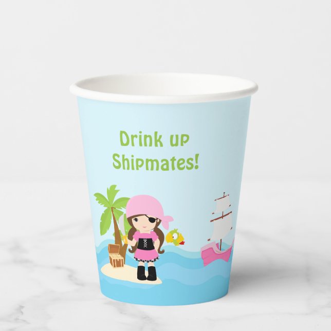 Cute Brunette Pirate Girl in Pink Birthday Party Paper Cups (Front)