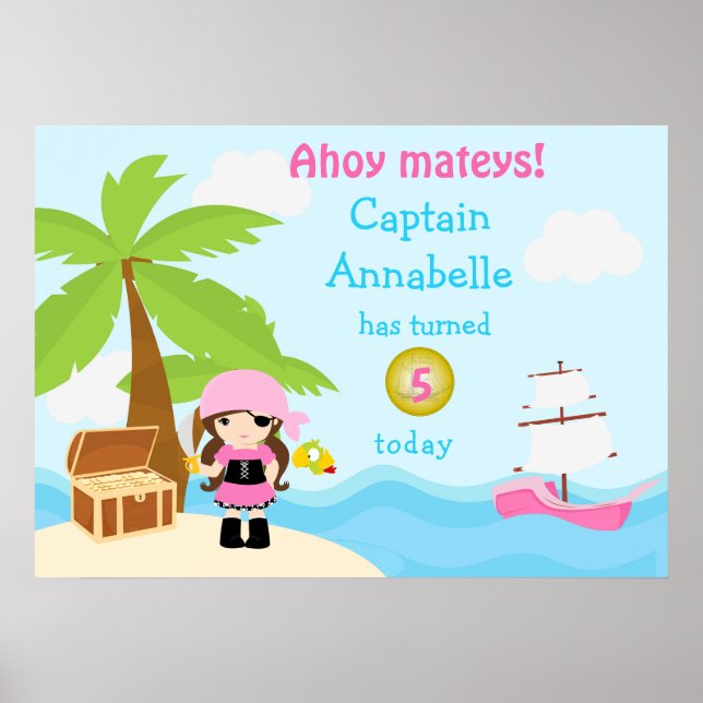 Cute Brunette Pirate Girl in Pink Birthday Poster (Front)