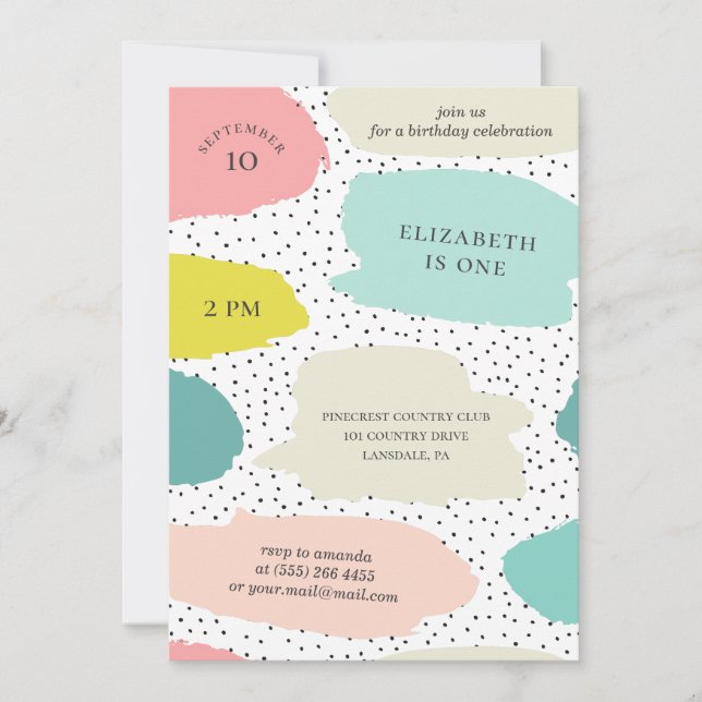 Cute brush strokes. Pink and mint kids birthday Invitation (Front)