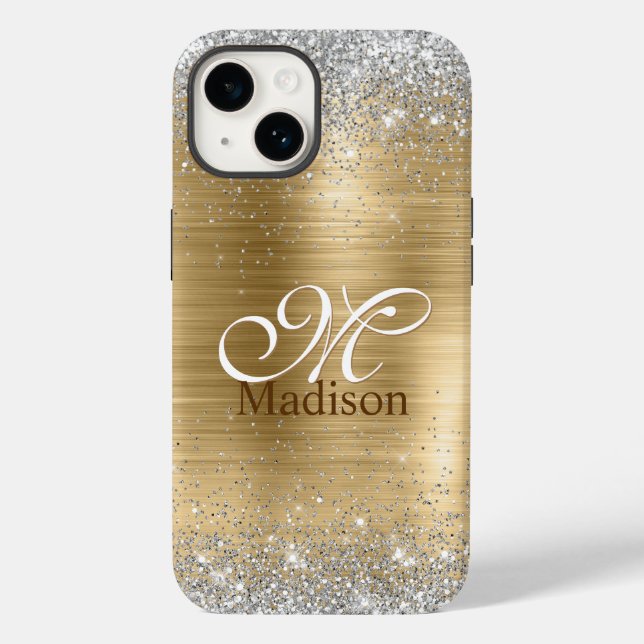 Cute brushed gold faux silver glitter monogram Case-Mate iPhone case (Back)