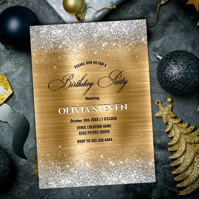 Cute brushed gold faux silver glitter monogram invitation (Creator Uploaded)