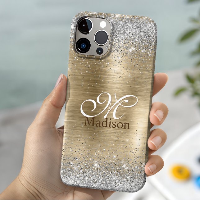 Cute brushed gold faux silver glitter monogram iPhone case (Creator Uploaded)