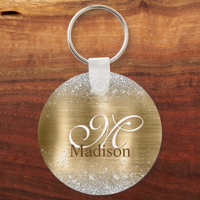 Cute brushed gold faux silver glitter monogram key ring (Back)