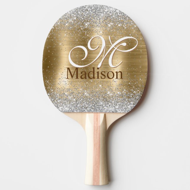 Cute brushed gold faux silver glitter monogram ping pong paddle (Front)