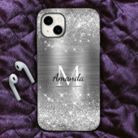 Cute brushed metal silver faux glitter monogram