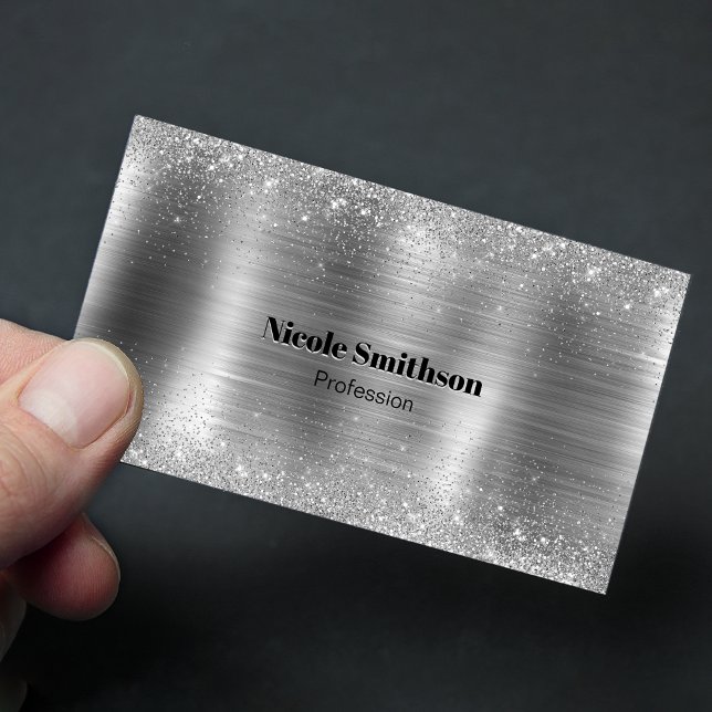 Cute brushed metal silver faux glitter monogram 	Magnetic business card (Creator Uploaded)