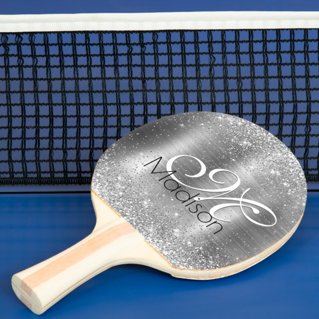 Cute brushed metal silver faux glitter monogram ping pong paddle (Insitu)