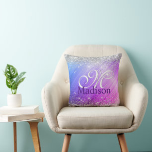 Cute brushed purple faux silver glitter monogram cushion