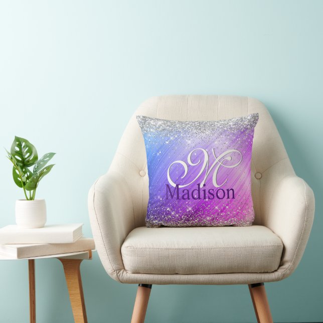 Cute brushed purple faux silver glitter monogram cushion (Chair)