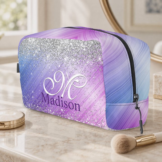 Cute brushed purple faux silver glitter monogram dopp kit (Creator Uploaded)