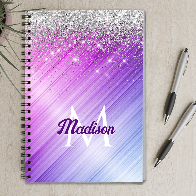 Cute brushed purple faux silver glitter monogram notebook (Creator Uploaded)