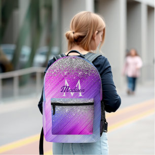 Cute brushed purple faux silver glitter monogram printed backpack