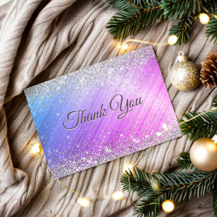 Cute brushed purple faux silver glitter thank you card