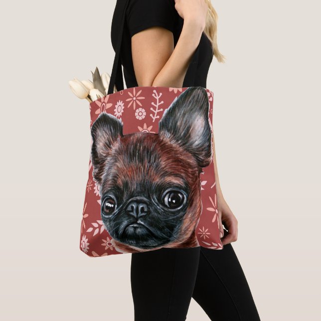 Cute Brussels Griffon Dog Flower Pattern Tote Bag (Close Up)