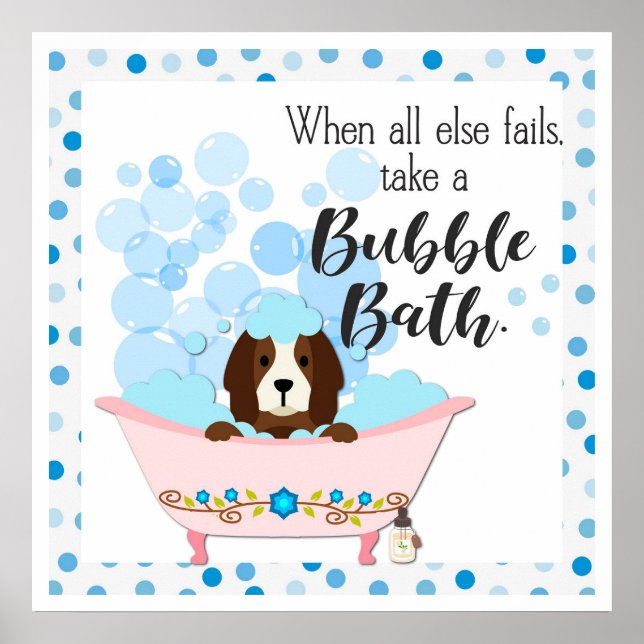 Cute Bubble Bath Cartoon Dog Bathroom Poster (Front)
