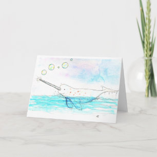 Cute Bubble-Popping Narwhal Watercolor Card