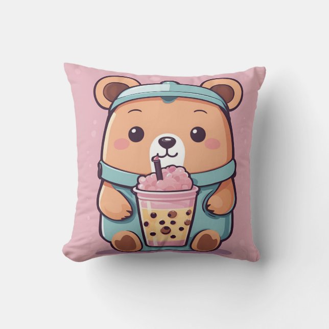 Cute Bubble Tea Bear Illustration – Kawaii Style Cushion (Front)