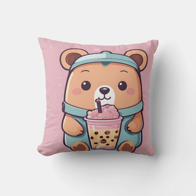 Cute Bubble Tea Bear Illustration – Kawaii Style Cushion (Front)