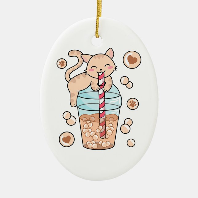 Cute Bubble Tea Cat Japanese Anime Pet Lover Ceramic Tree Decoration (Front)