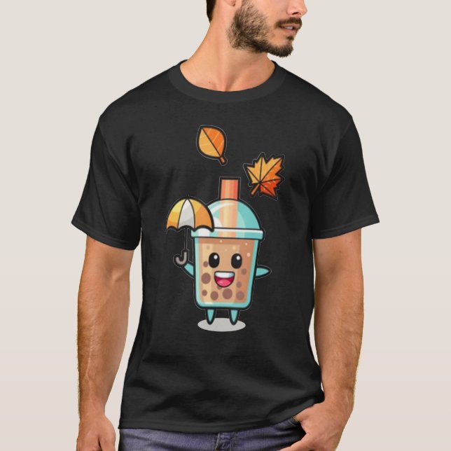Cute Bubble Tea Holding An Umbrella In Autumn Fall T-Shirt (Front)