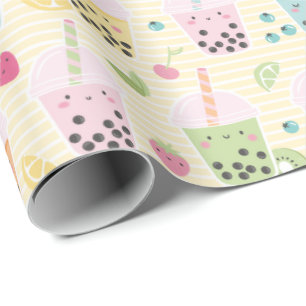 Cute Bubble Tea on yellow and white stripe Wrapping Paper