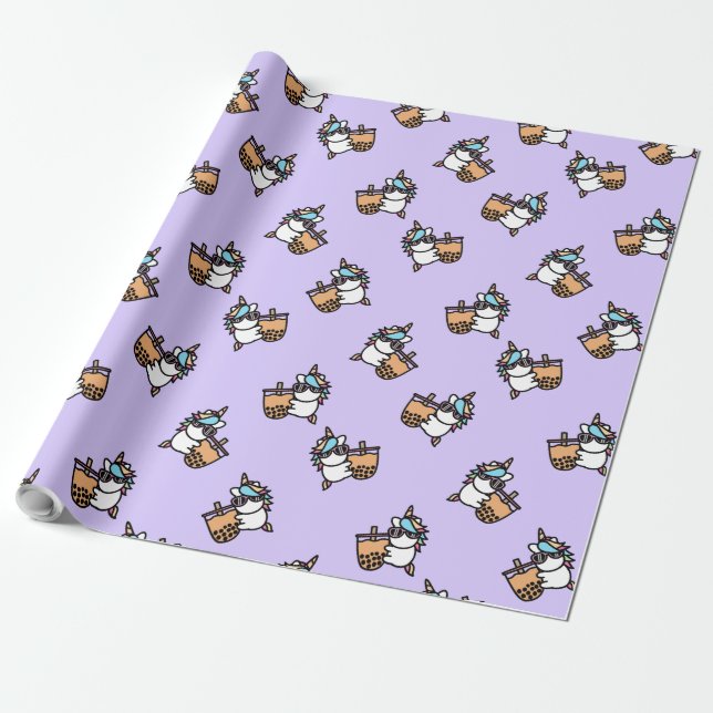 Cute Bubble Tea & Unicorn Wrapping Paper (Unrolled)
