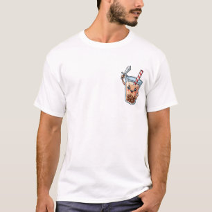 Cute Bubble Tea Warrior Character Holding Silver T-Shirt