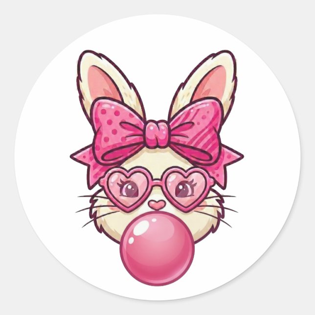 Cute Bubblegum Bunny with Heart Glasses Classic Round Sticker (Front)