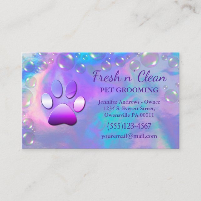 Cute Bubbles Incandescent Dog Paw Grooming Service Business Card (Front)