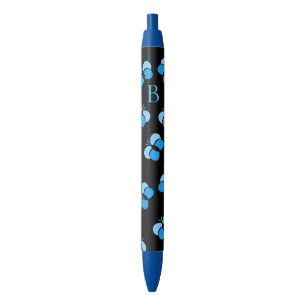 Cute Bubbly Blue Butterflies Monogram Blue Ink Pen