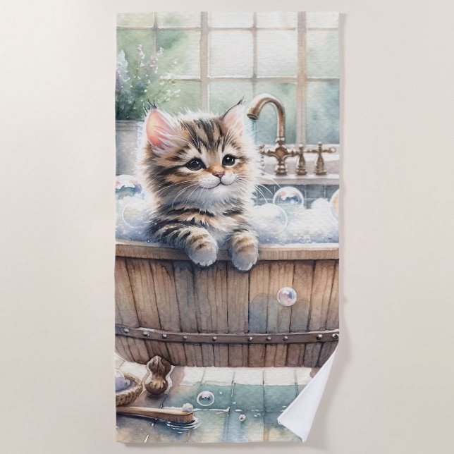 Cute Bubbly Kitten Bath Time Beach Towel (Front)